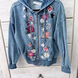 Camp Happy Denim Floral Embroidered Hoodie